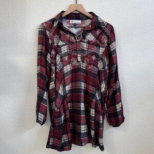 Montana Co. Womens Embroidered Plaid Tunic Shirt Medium Red/Black Cotton Blend